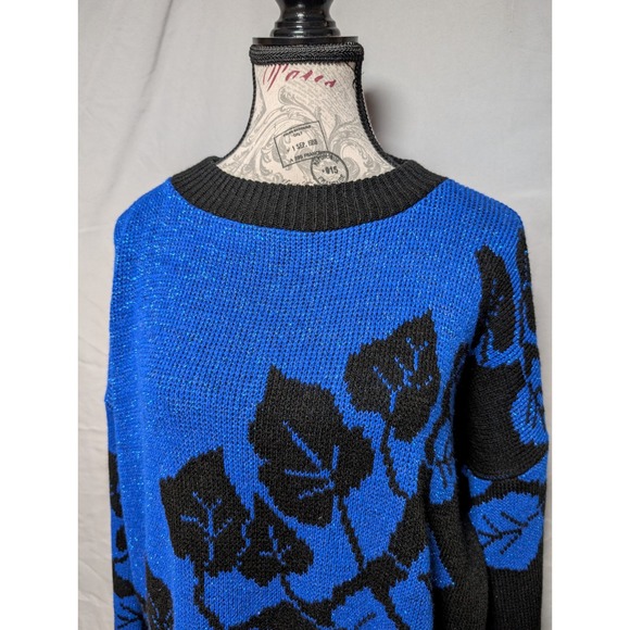 Arielle Women's VTG 80s 90s Blue Black Leaf Print Metallic Lurex Knit Sweater - Picture 2 of 8